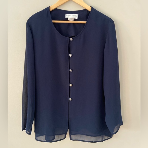 Vintage Women’s Bossbabe Navy Blue Button Down Semi-Sheer Sleeve Blouse - Picture 1 of 4